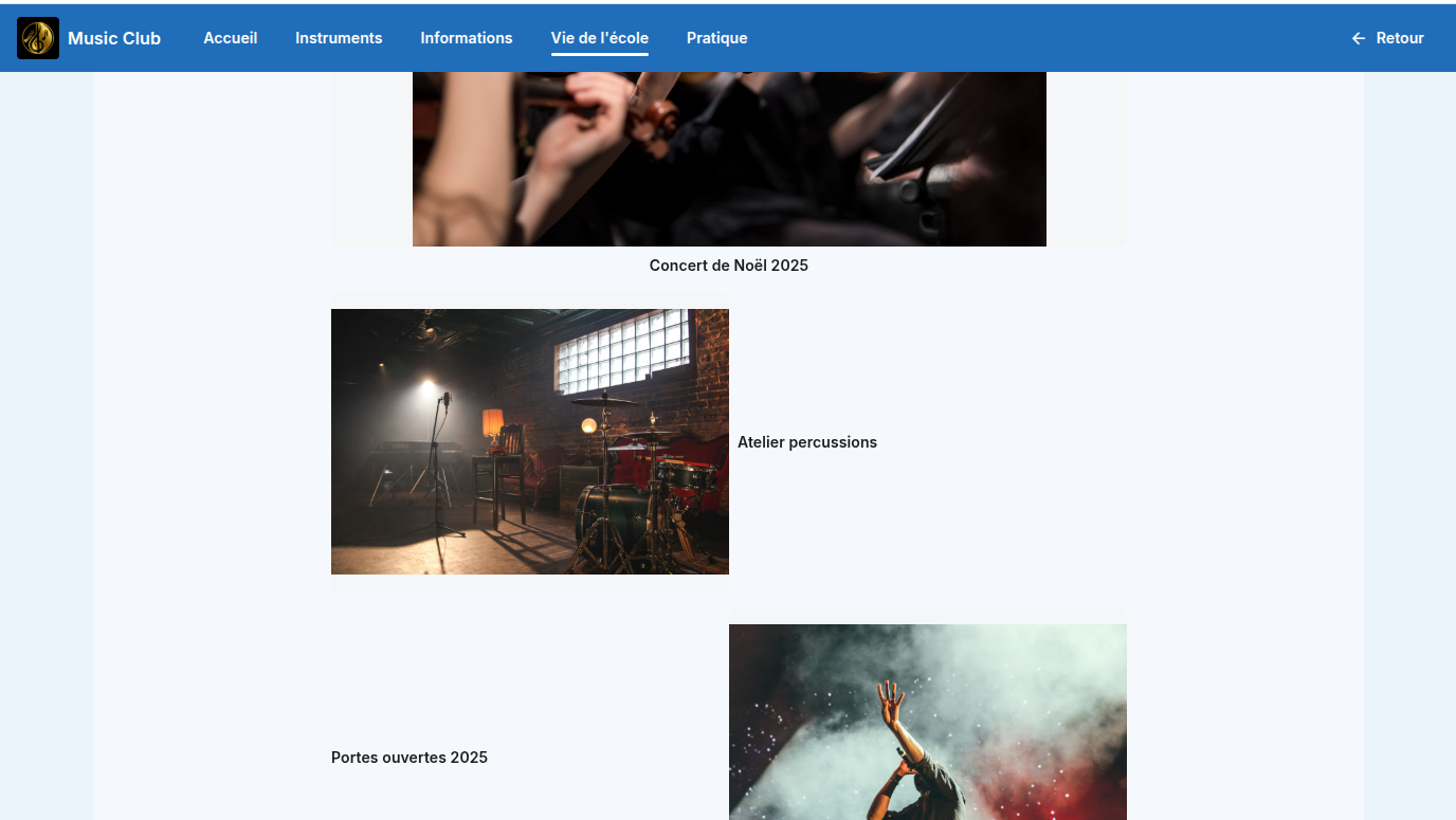 Galerie photos de l'intranet montrant des images de concerts et événements de l'association