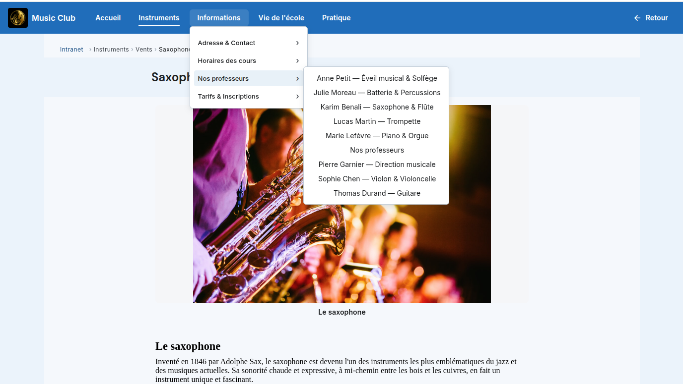 Menu de navigation de l'intranet associatif avec sections déroulantes : Instruments, Informations, Vie de l'école